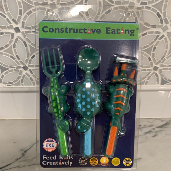 Constructive Eating Dinosaur Kids Utensil Set – Fork, Spoon & Pusher  NEW Sealed - Picture 1 of 4